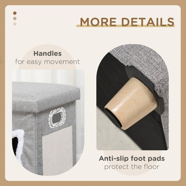 PawHut Cat Ottoman Bed 2-in-1, Cosy Cave with Cushion, Scratcher, Handles, Anti-Slip, Toy Ball, Grey Aosom UK