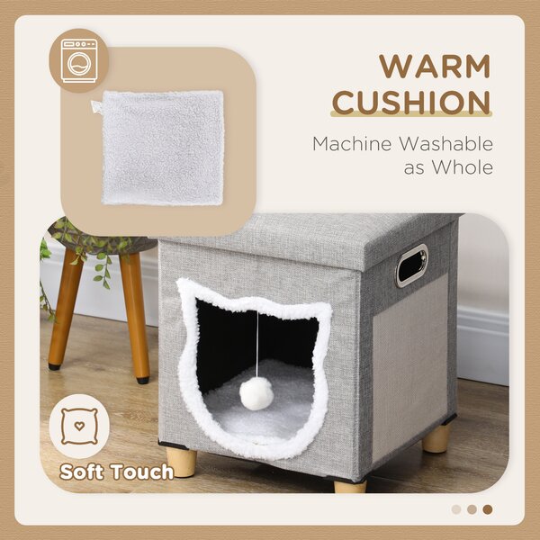 PawHut Cat Ottoman Bed 2-in-1, Cosy Cave with Cushion, Scratcher, Handles, Anti-Slip, Toy Ball, Grey Aosom UK