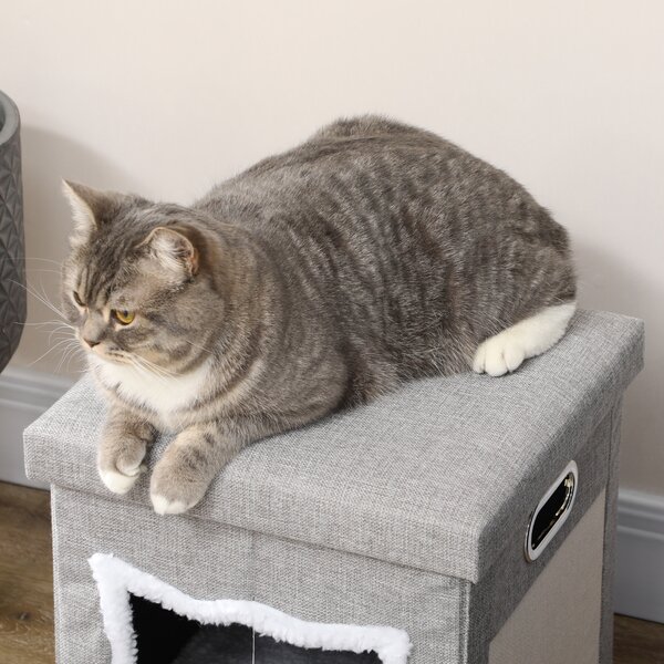 PawHut Cat Ottoman Bed 2-in-1, Cosy Cave with Cushion, Scratcher, Handles, Anti-Slip, Toy Ball, Grey Aosom UK