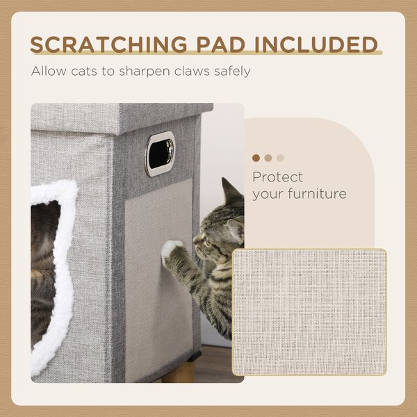 PawHut Cat Ottoman Bed 2-in-1, Cosy Cave with Cushion, Scratcher, Handles, Anti-Slip, Toy Ball, Grey Aosom UK