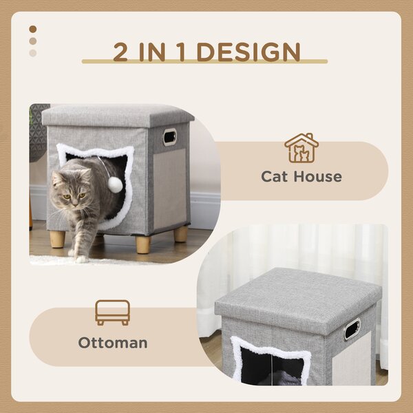 PawHut Cat Ottoman Bed 2-in-1, Cosy Cave with Cushion, Scratcher, Handles, Anti-Slip, Toy Ball, Grey Aosom UK