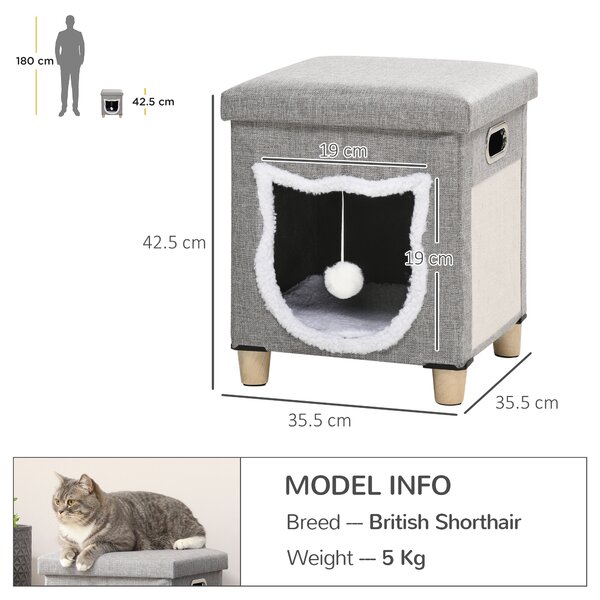 PawHut Cat Ottoman Bed 2-in-1, Cosy Cave with Cushion, Scratcher, Handles, Anti-Slip, Toy Ball, Grey Aosom UK