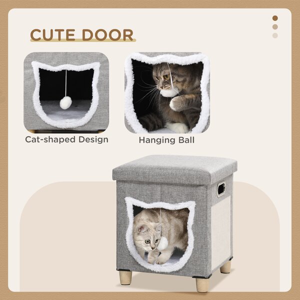 PawHut Cat Ottoman Bed 2-in-1, Cosy Cave with Cushion, Scratcher, Handles, Anti-Slip, Toy Ball, Grey Aosom UK
