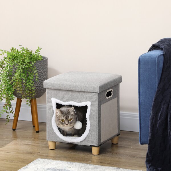 PawHut Cat Ottoman Bed 2-in-1, Cosy Cave with Cushion, Scratcher, Handles, Anti-Slip, Toy Ball, Grey Aosom UK