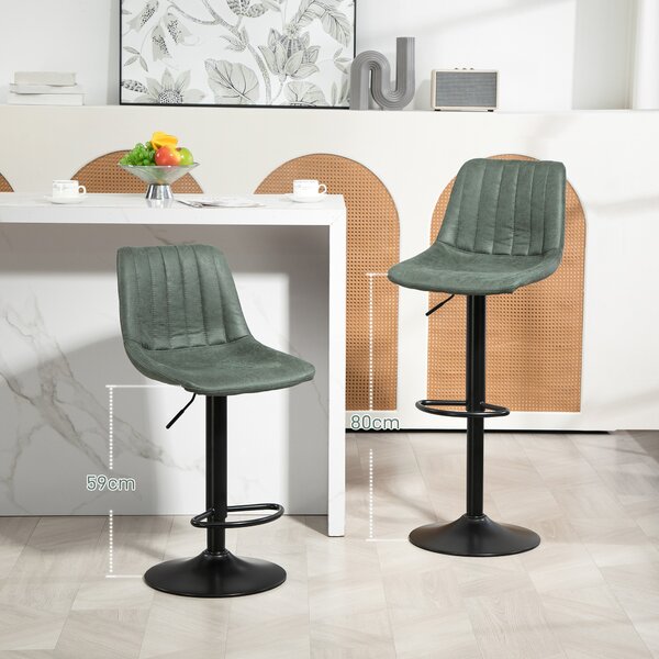 HOMCOM Adjustable Bar Stools Set of 2 Counter Height Barstools Dining Chairs 360° Swivel with Footrest for Home Pub, Green