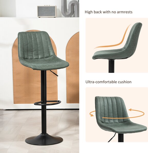 HOMCOM Adjustable Bar Stools Set of 2 Counter Height Barstools Dining Chairs 360° Swivel with Footrest for Home Pub, Green