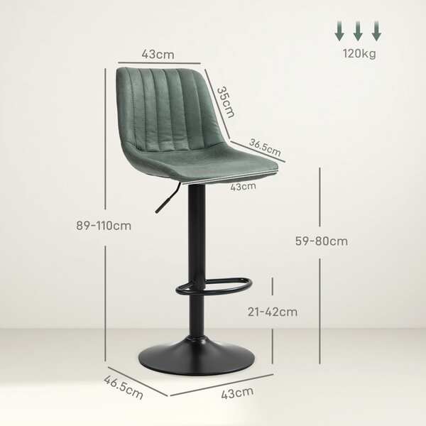 HOMCOM Adjustable Bar Stools Set of 2 Counter Height Barstools Dining Chairs 360° Swivel with Footrest for Home Pub, Green