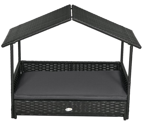 PawHut Extendable Elevated Dog Bed, Rattan Dog House w/ Water-Resistant Roof, Removable Cushion, for Small, Medium Dogs - Grey