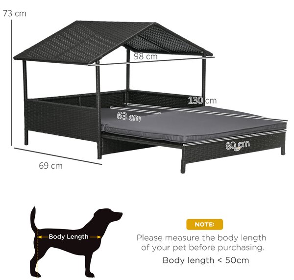 PawHut Extendable Elevated Dog Bed, Rattan Dog House w/ Water-Resistant Roof, Removable Cushion, for Small, Medium Dogs - Grey