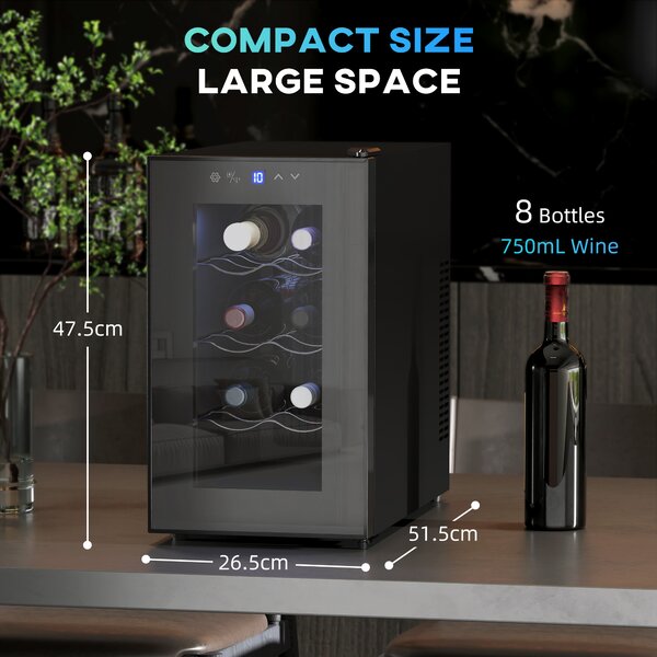 HOMCOM Mini Freestanding Wine Cooler Fridge, 8 Bottle, 21L, 26.5cm Quiet Thermoelectric Under Counter Drinks Beer Wine Fridge Aosom UK