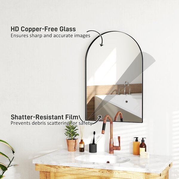 HOMCOM 60 x 90cm Arched Mirror, Home Mirror with High-definition Glass for Hallway & Bedroom Decor, Black Aosom UK