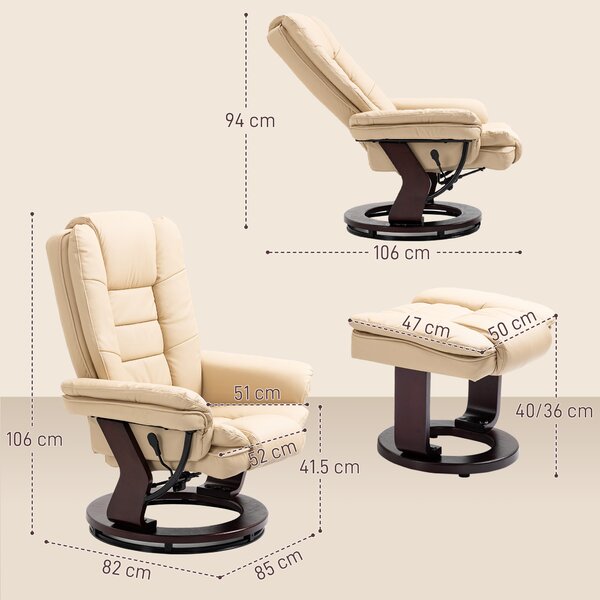 HOMCOM Reclining Lounge Chair with Footstool, Faux Leather Padded Armchair with Adjustable Backrest, Comfortable Relaxation Chair for Living Room, Beige Aosom UK