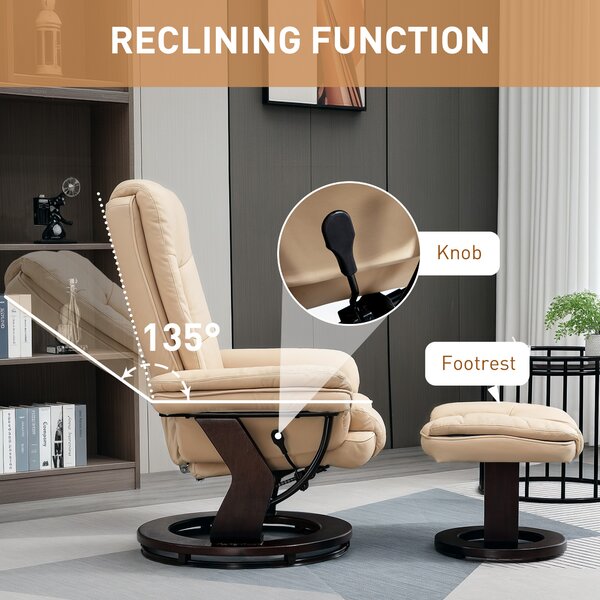 HOMCOM Reclining Lounge Chair with Footstool, Faux Leather Padded Armchair with Adjustable Backrest, Comfortable Relaxation Chair for Living Room, Beige Aosom UK