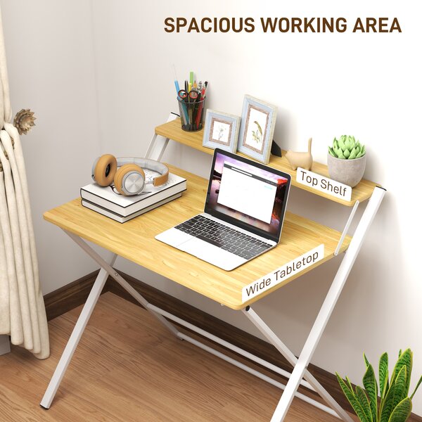 HOMCOM Compact Folding Desk for Small Spaces, Foldable Computer Desk with Storage Shelf, Ideal for Home Office, Maple Wood-effect Aosom UK