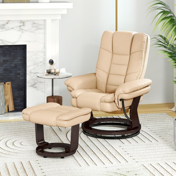 HOMCOM Reclining Lounge Chair with Footstool, Faux Leather Padded Armchair with Adjustable Backrest, Comfortable Relaxation Chair for Living Room, Beige Aosom UK