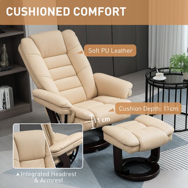 HOMCOM Reclining Lounge Chair with Footstool, Faux Leather Padded Armchair with Adjustable Backrest, Comfortable Relaxation Chair for Living Room, Beige Aosom UK