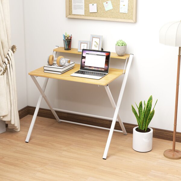 HOMCOM Compact Folding Desk for Small Spaces, Foldable Computer Desk with Storage Shelf, Ideal for Home Office, Maple Wood-effect Aosom UK