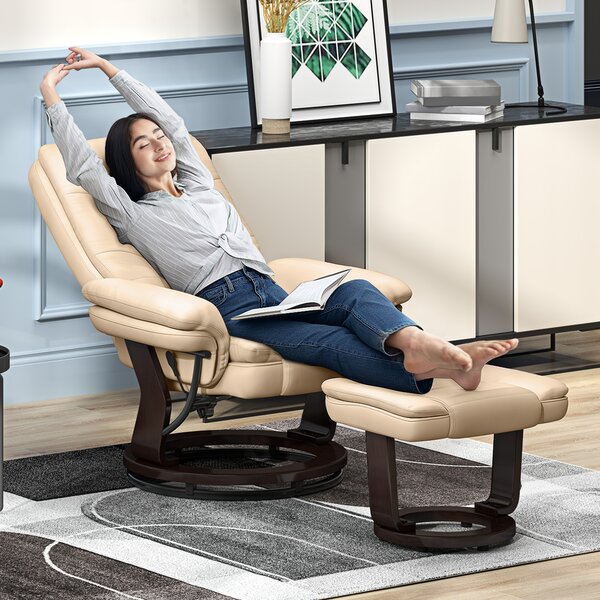 HOMCOM Reclining Lounge Chair with Footstool, Faux Leather Padded Armchair with Adjustable Backrest, Comfortable Relaxation Chair for Living Room, Beige Aosom UK