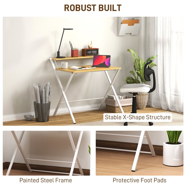 HOMCOM Compact Folding Desk for Small Spaces, Foldable Computer Desk with Storage Shelf, Ideal for Home Office, Maple Wood-effect Aosom UK