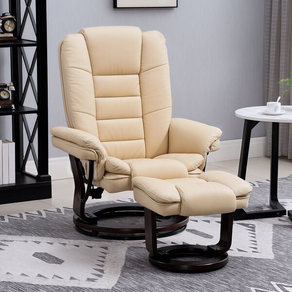 HOMCOM Reclining Lounge Chair with Footstool, Faux Leather Padded Armchair with Adjustable Backrest, Comfortable Relaxation Chair for Living Room, Beige Aosom UK