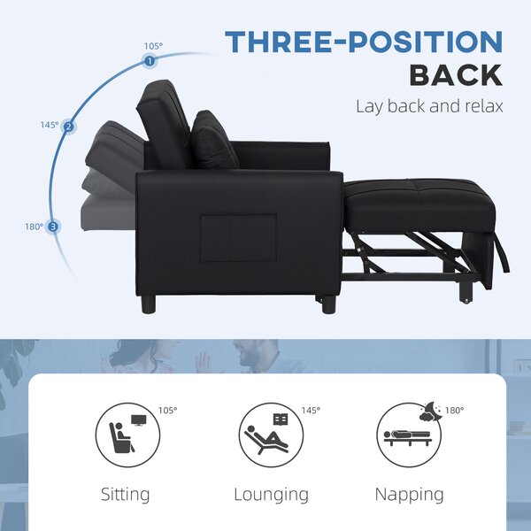 HOMCOM 3-In-1 Linen-Look Single Chair Bed with 11cm Thick Adjustable Back Fold Out Chair Bed with Eucalyptus Wood Sofa Frame - Black Aosom UK
