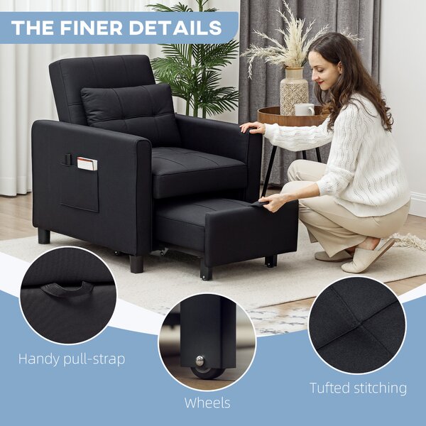 HOMCOM 3-In-1 Linen-Look Single Chair Bed with 11cm Thick Adjustable Back Fold Out Chair Bed with Eucalyptus Wood Sofa Frame - Black Aosom UK