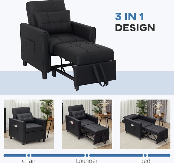 HOMCOM 3-In-1 Linen-Look Single Chair Bed with 11cm Thick Adjustable Back Fold Out Chair Bed with Eucalyptus Wood Sofa Frame - Black Aosom UK