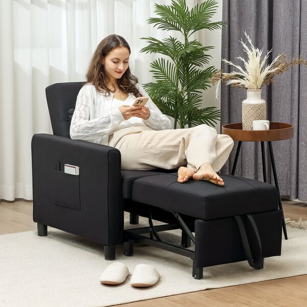 HOMCOM 3-In-1 Linen-Look Single Chair Bed with 11cm Thick Adjustable Back Fold Out Chair Bed with Eucalyptus Wood Sofa Frame - Black Aosom UK
