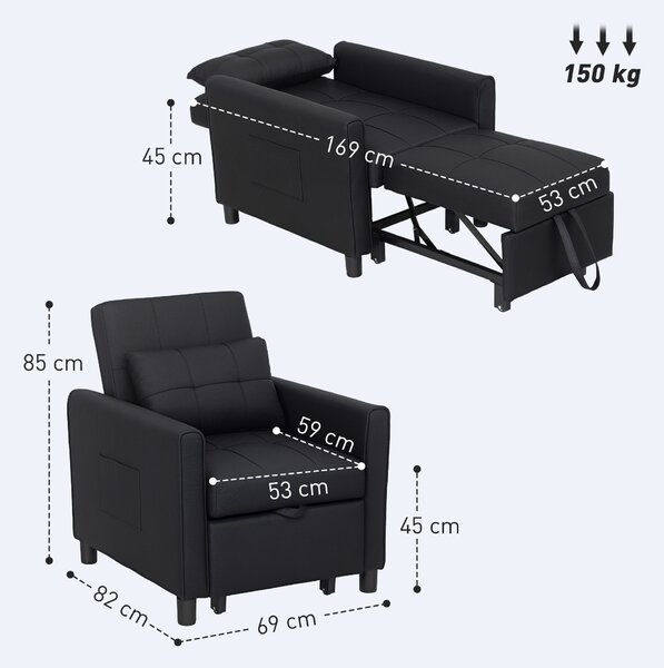 HOMCOM 3-In-1 Linen-Look Single Chair Bed with 11cm Thick Adjustable Back Fold Out Chair Bed with Eucalyptus Wood Sofa Frame - Black Aosom UK