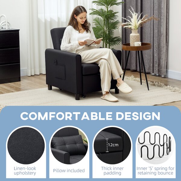 HOMCOM 3-In-1 Linen-Look Single Chair Bed with 11cm Thick Adjustable Back Fold Out Chair Bed with Eucalyptus Wood Sofa Frame - Black Aosom UK