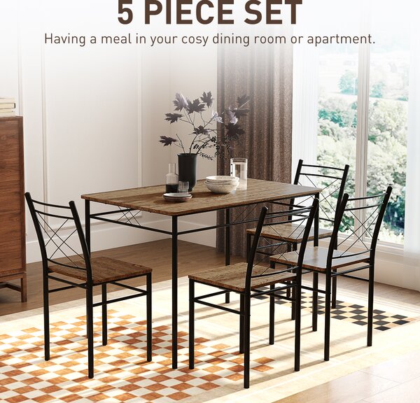 HOMCOM Modern Dining Table Set for 4, Space-Saving 5 Pieces Kitchen Table Set with Rectangle Table and Steel Frame, Oak