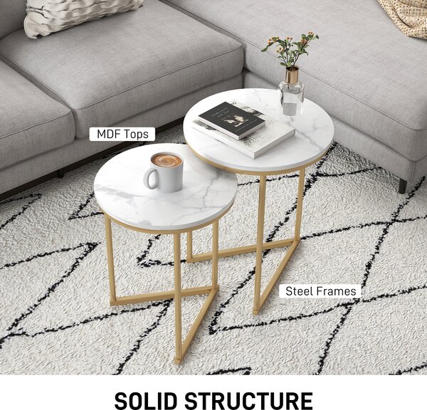 HOMCOM Set of Two Marble-Effect Nest of Tables - White/Gold-Tone