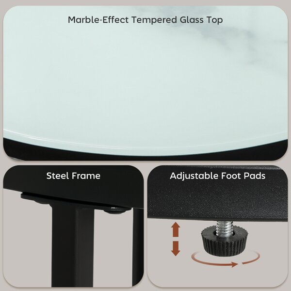 HOMCOM Glass Coffee Table Set of 2, Round Nest of Tables with Marble-Effect Tempered Glass Tabletop, Modern Side Tables for Living Room, White