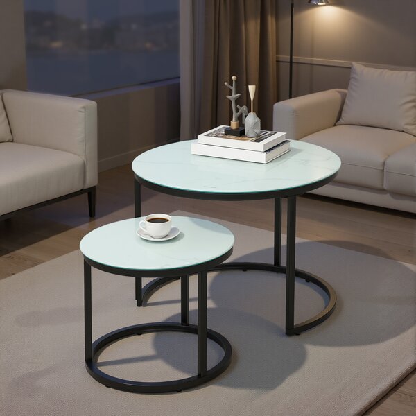 HOMCOM Glass Coffee Table Set of 2, Round Nest of Tables with Marble-Effect Tempered Glass Tabletop, Modern Side Tables for Living Room, White