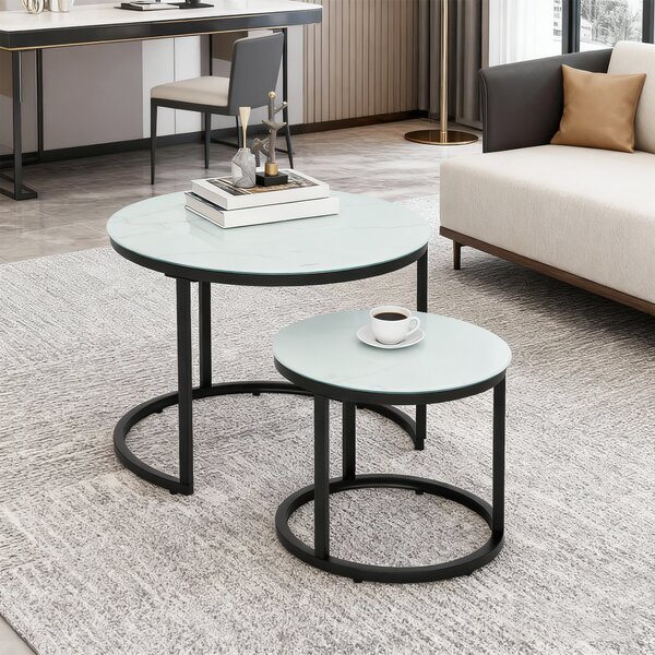 HOMCOM Glass Coffee Table Set of 2, Round Nest of Tables with Marble-Effect Tempered Glass Tabletop, Modern Side Tables for Living Room, White