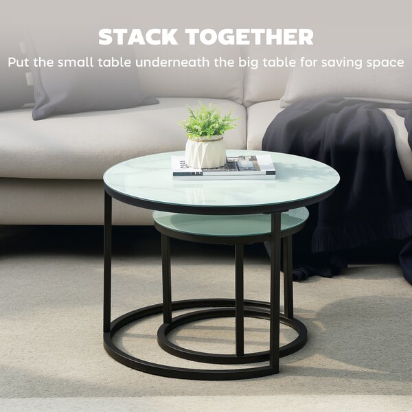 HOMCOM Glass Coffee Table Set of 2, Round Nest of Tables with Marble-Effect Tempered Glass Tabletop, Modern Side Tables for Living Room, White