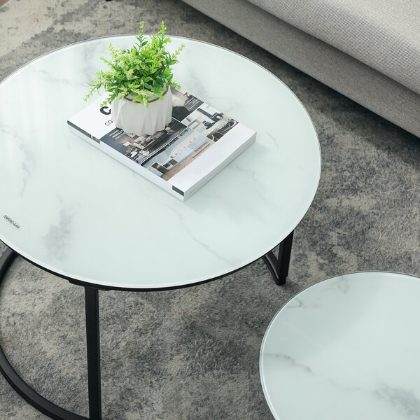 HOMCOM Glass Coffee Table Set of 2, Round Nest of Tables with Marble-Effect Tempered Glass Tabletop, Modern Side Tables for Living Room, White
