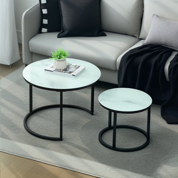 HOMCOM Glass Coffee Table Set of 2, Round Nest of Tables with Marble-Effect Tempered Glass Tabletop, Modern Side Tables for Living Room, White