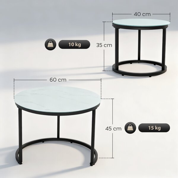 HOMCOM Glass Coffee Table Set of 2, Round Nest of Tables with Marble-Effect Tempered Glass Tabletop, Modern Side Tables for Living Room, White