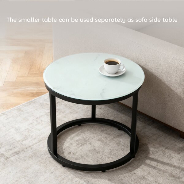 HOMCOM Glass Coffee Table Set of 2, Round Nest of Tables with Marble-Effect Tempered Glass Tabletop, Modern Side Tables for Living Room, White