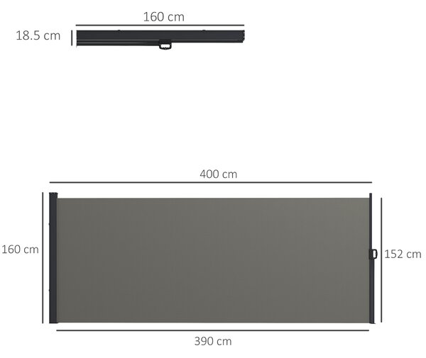 Outsunny Retractable Side Awning, Outdoor Privacy Screen for Garden, Hot Tub, Balcony, Terrace, Pool, 400 x 160cm, Dark Grey