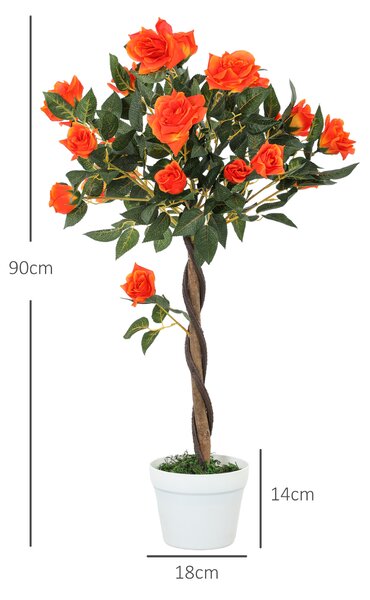 Outsunny Set of 2 Artificial Plants White Rose Floral in Pot, Fake Plants for Home Indoor Outdoor Decor, 90cm, Orange