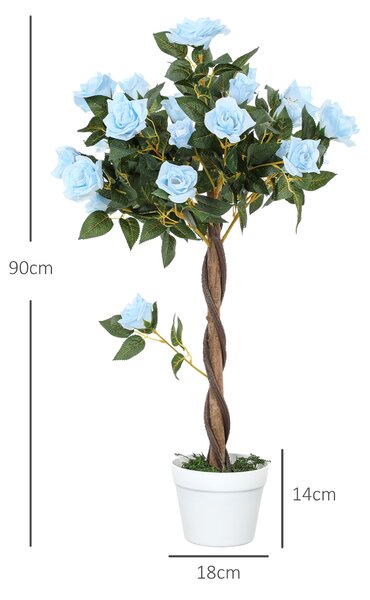 Outsunny Set of 2 Artificial Plants White Rose Floral in Pot, Fake Plants for Home Indoor Outdoor Decor, 90cm, Light Blue