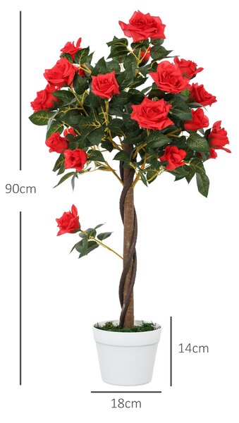 Outsunny Set of 2 Artificial Plants White Rose Floral in Pot, Fake Plants for Home Indoor Outdoor Decor, 90cm, Red