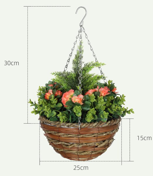 Outsunny Pack of 2 Faux Plant Artificial Lisianthus Flowers Hanging Planter with Basket for Indoor Outdoor Decoration, Orange