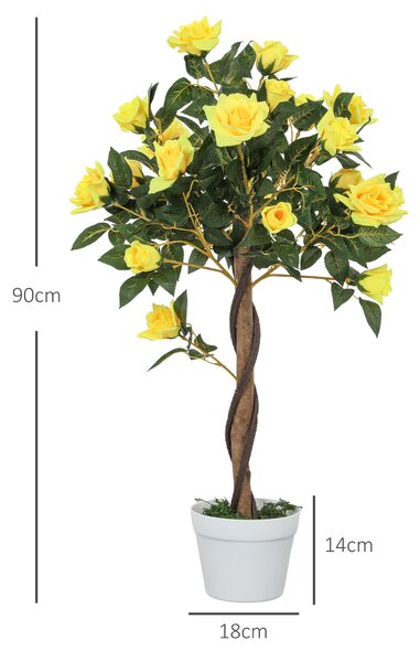 Outsunny Set of 2 Artificial Plants White Rose Floral in Pot, Fake Plants for Home Indoor Outdoor Decor, 90cm, Yellow