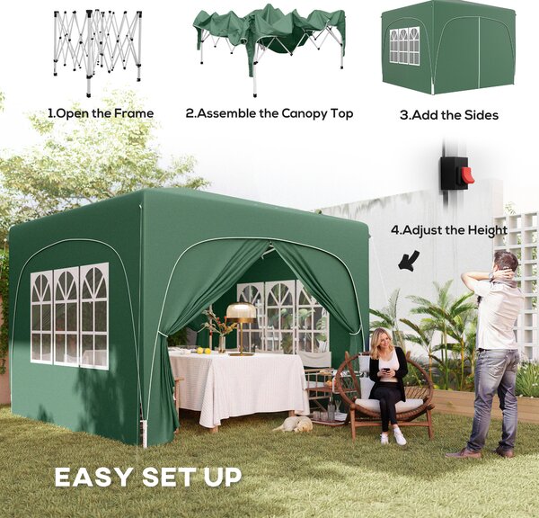 Outsunny 3 x 3m Pop-Up Gazebo Shelter, with Accessories - Dark Green
