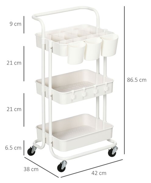 HOMCOM Three-Tier Home Trolley, with Handle and Wheels - White