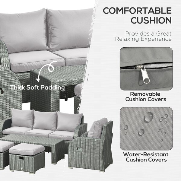 Outsunny 7-Seater Patio Furniture Set, Rattan Garden Set with Coffee Table, Footstool and Reclining Chairs, Light Grey Aosom UK
