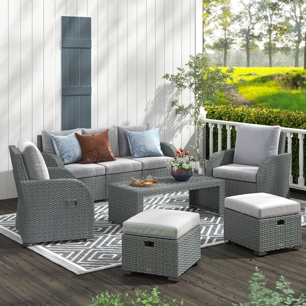 Outsunny 7-Seater Patio Furniture Set, Rattan Garden Set with Coffee Table, Footstool and Reclining Chairs, Light Grey Aosom UK